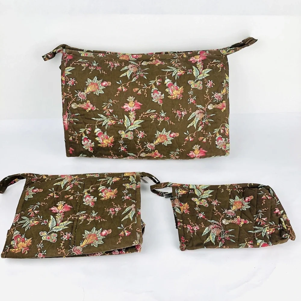 Garnet Hill 3-pc Quilted Toiletry Cosmetic Tote Purse Bag Brown Floral Set